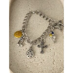 Silver Tone Charm Bracelet‎ Cross Ladybug Music Note Horse Smiley Dangle Chunky